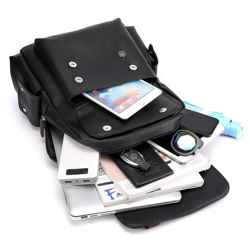 Product Introduction of Men's Backpack PU Leather Bagpack Large Laptop Backpacks Travel Multi Male  Black Schoolbag College Style 8