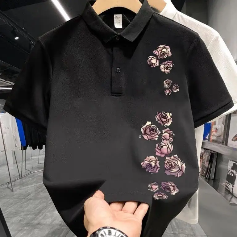 New Summer New Short Sleeve Printing Lapel Polo Shirt Printing Casual Fashion Brand New Trendy T-shirt Men's Elbow-Sleeved Top Trendy Hot