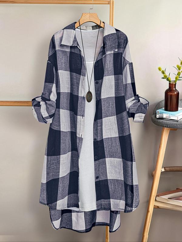 【Plus Size】 Women's Plaid Print Button Front High Low Hem Shirt, Casual Roll Up Sleeve Collared Top for Daily Wear, Ladies Clothes for All Seasons 6