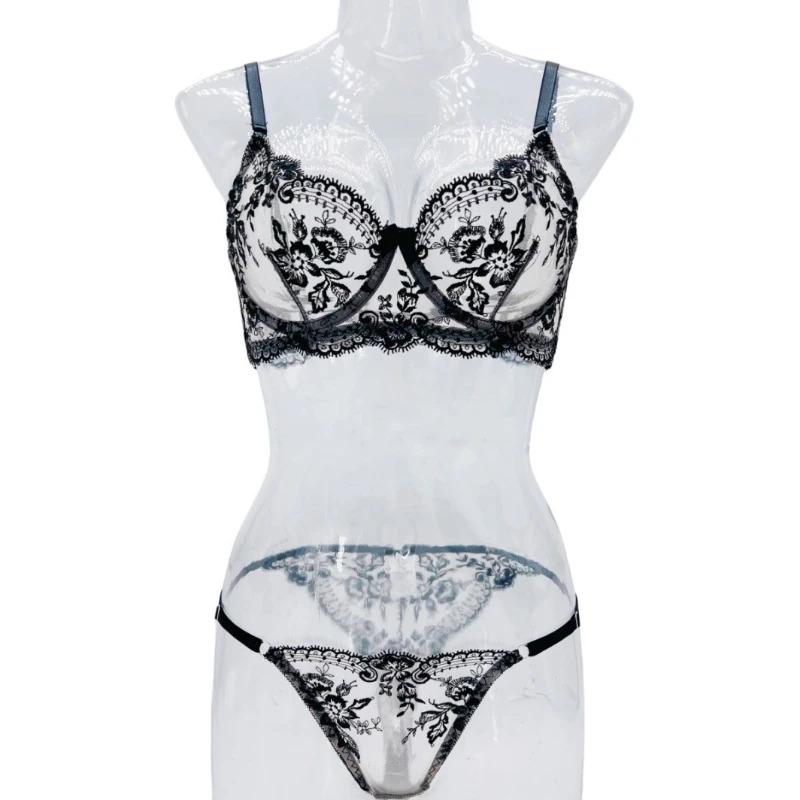 Product Introduction of Sexy Lace Lingerie Push Up Lingerie Semi-Sheer Bra And Panty Sets Women Gathering Chest Underwear Flower Embroidery Bralette Set 6