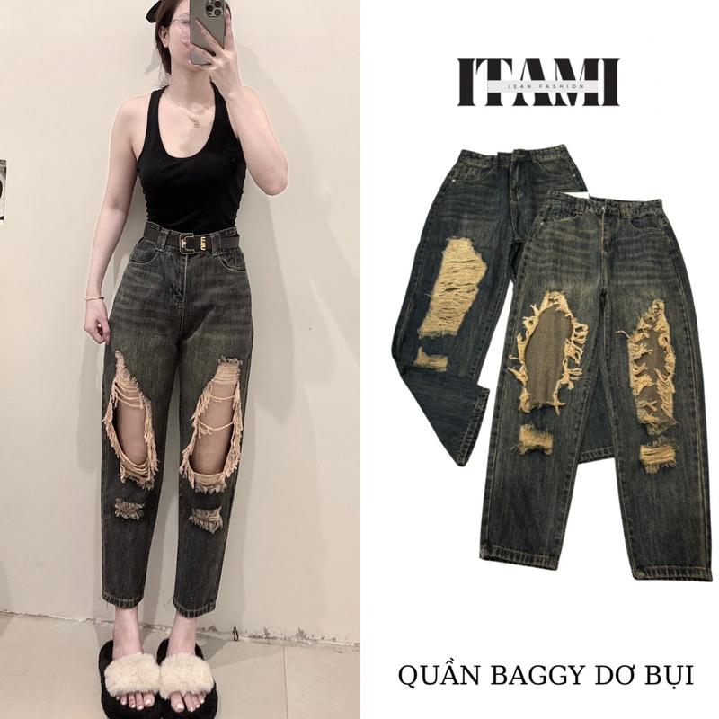 {S-M-L}Quần Baggy Lưng Cao Siêu Tua Tua Không Co Giãn Chất Dày Mềm 228-468(Rách) - Nữ,