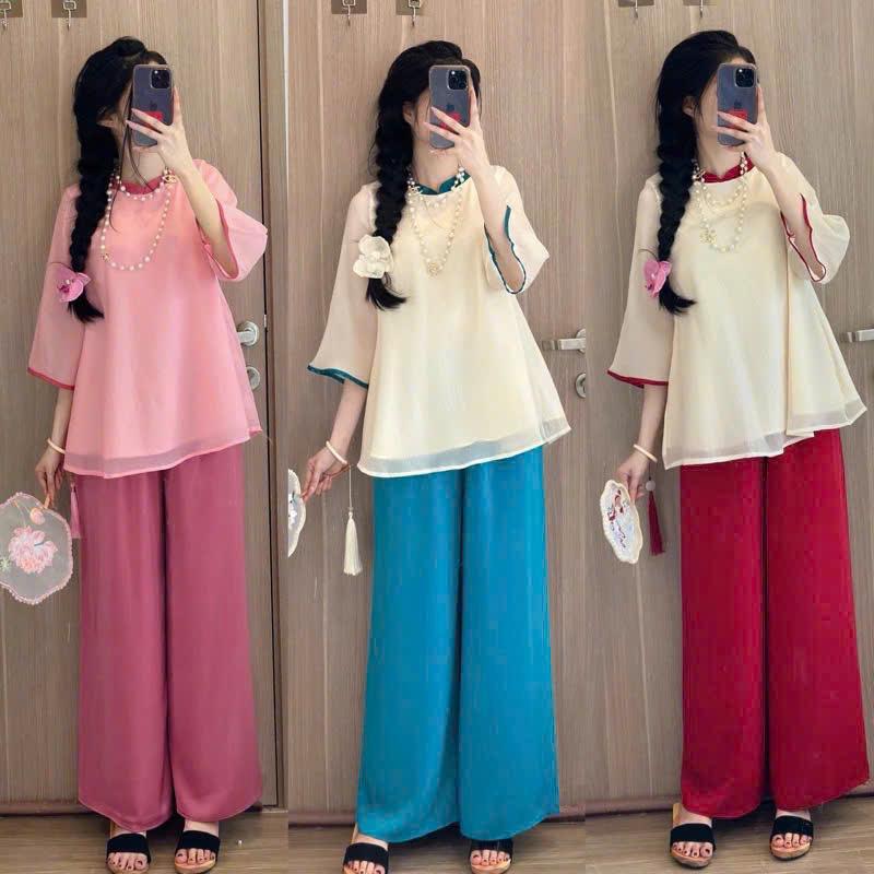 sét bộ đồ chơi tết nữ, áo voan cổ tròn 2 lớp, kèm quần dài fom rộng sang chảnh, dễ thương Women Top Kem