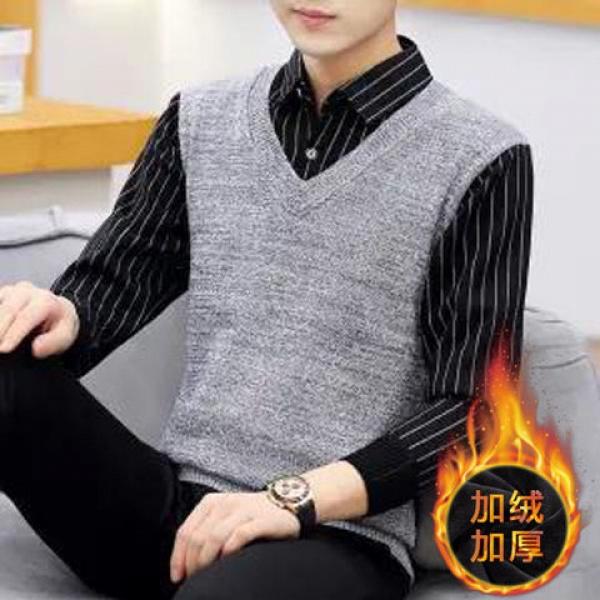 Not Fleece-lined/Fleece-lined Autumn and Winter Men's Youth Top Sweater Warm Thickened Sweater Fake Two Pieces Shirts Men 6