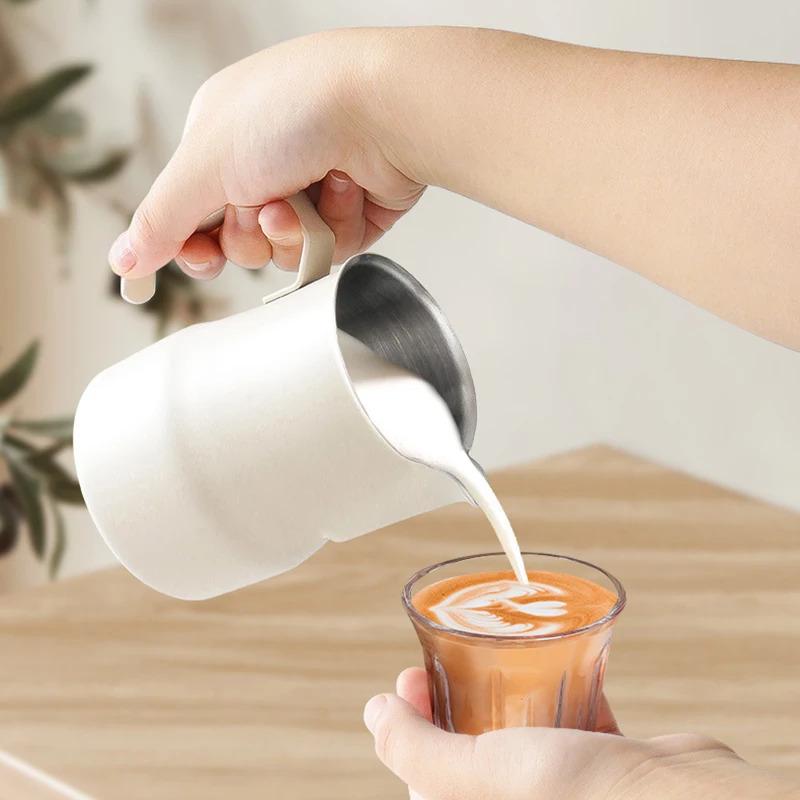 Product Introduction of Coffee Milk Frothing Pitcher Jug 304 Stainless Steel With Scale Latte Steam Coffee Paint Process Kitchen Cafe Accessories 13