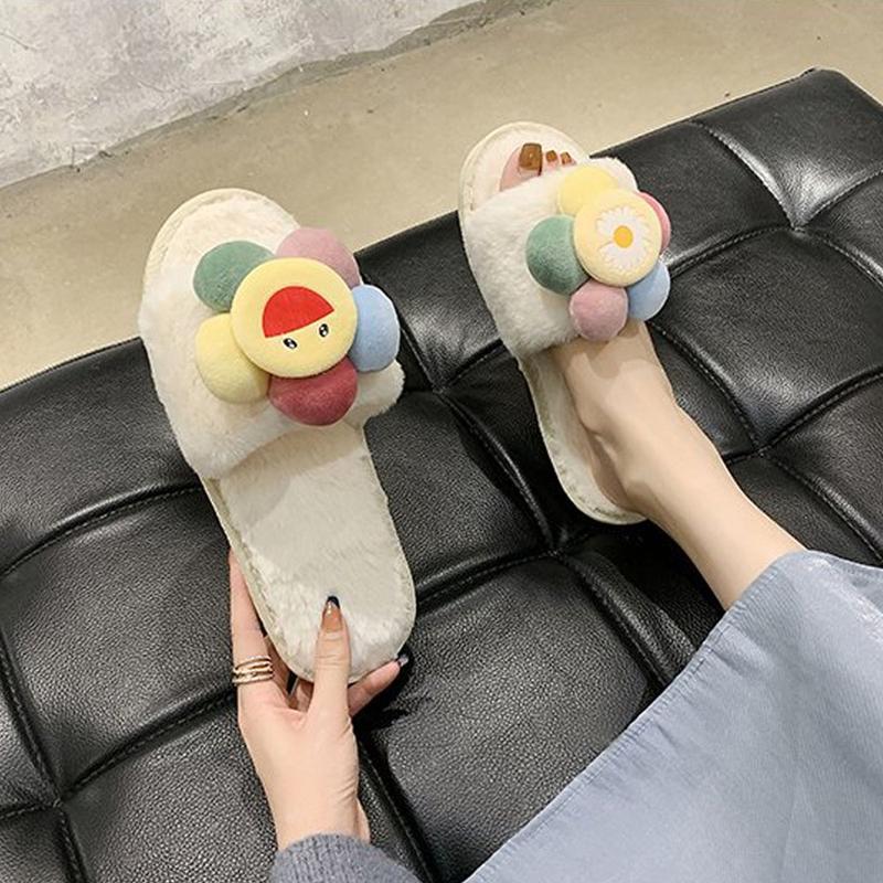 Dép lông thỏ hình Hoa mặt cười to đi trong nhà, quai ngang dạng bánh mì, đi ấm chân vào mùa đông Dép Nữ 1