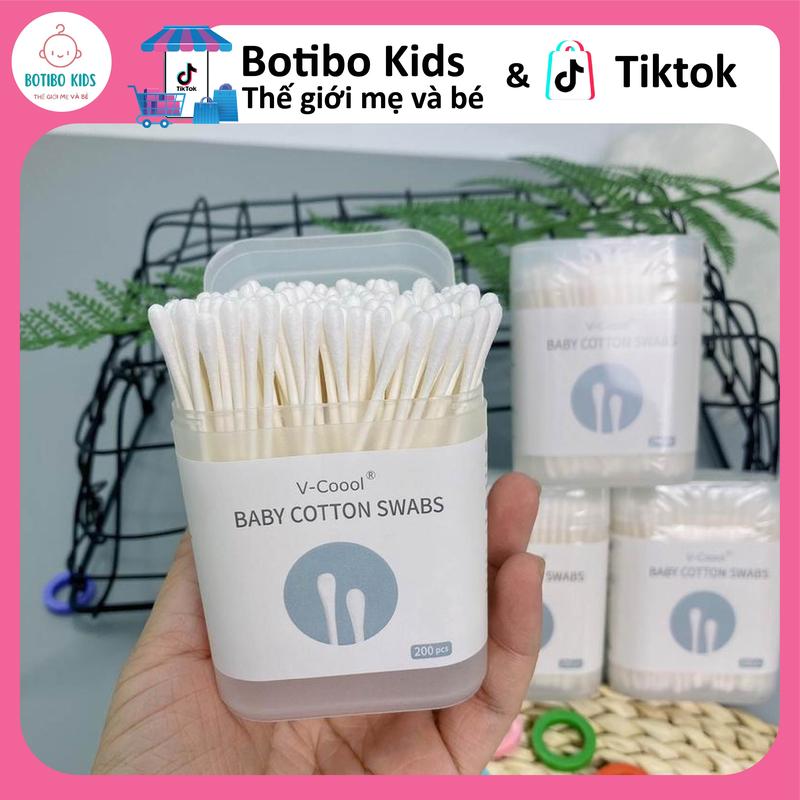 Tăm bông trẻ em Vcool kháng khuẩn ( hộp 200 que lõi giấy) cho bé sơ sinh ngoáy tai, mũi BOTIBO KIDS dr papie