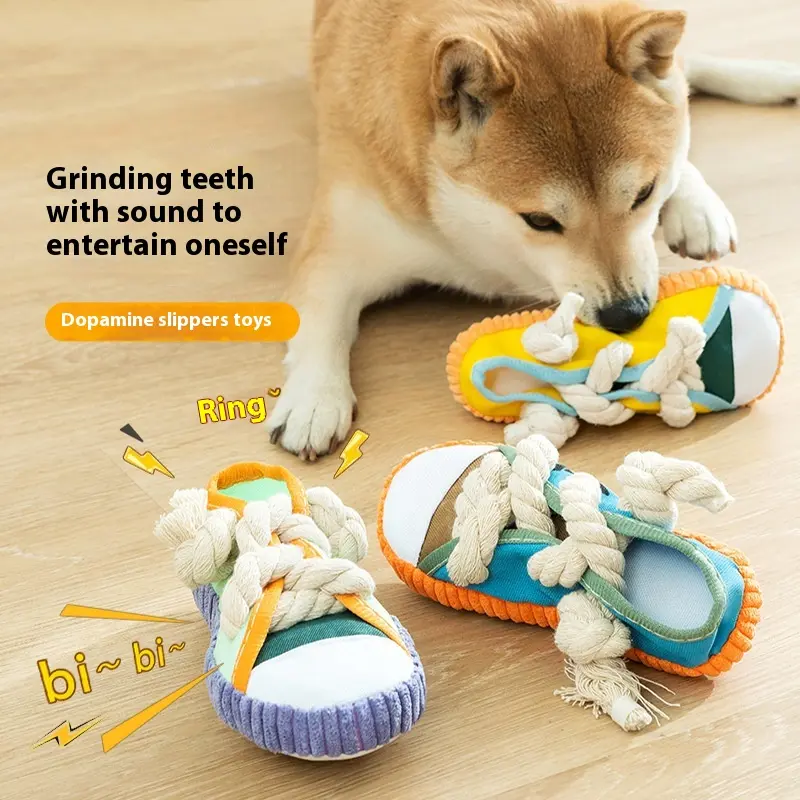 Dog shoes biter sound molar bite resistant toy shoes cotton tied rope teddy dog small pet toys