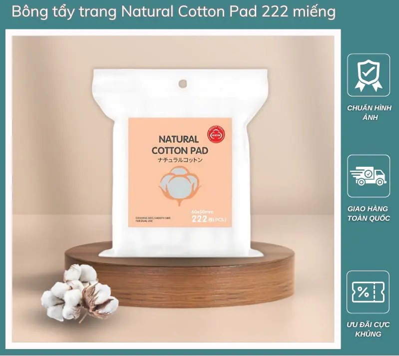 Bông Tẩy Trang NATURAL 222 Miếng - Gói 222 Miếng, 3 Lớp Cotton Pads, Mềm Mại, Không Kích Ứng Da - Cosmetic, Nữ