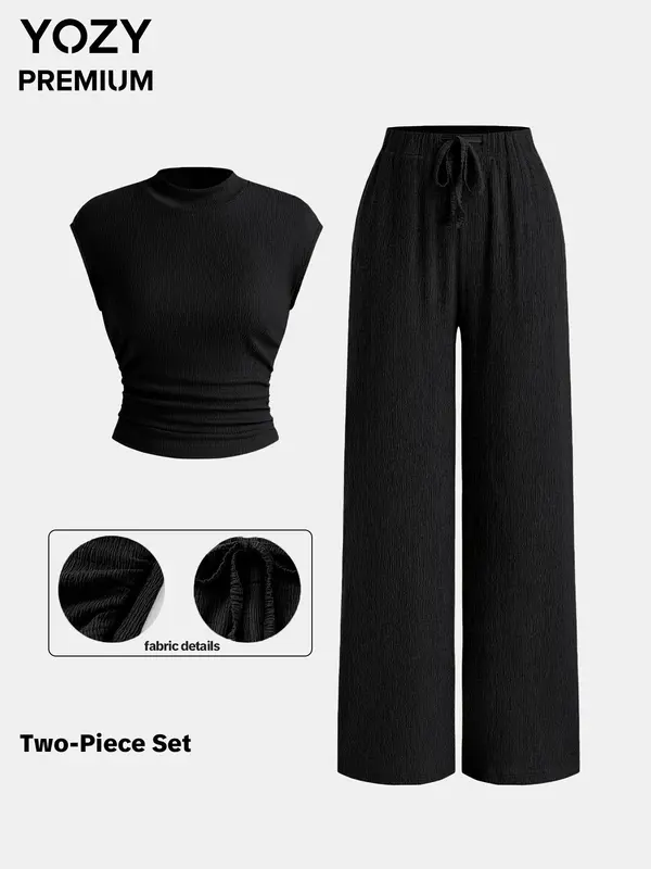 Two-piece Set YOZY Women's Solid Cap Sleeve Top & Drawstring Waist Pants, Casual Fashion Cozy Top & Trousers for Daily Outdoor Wear, Ladies Summer Clothes, Womenswear 6