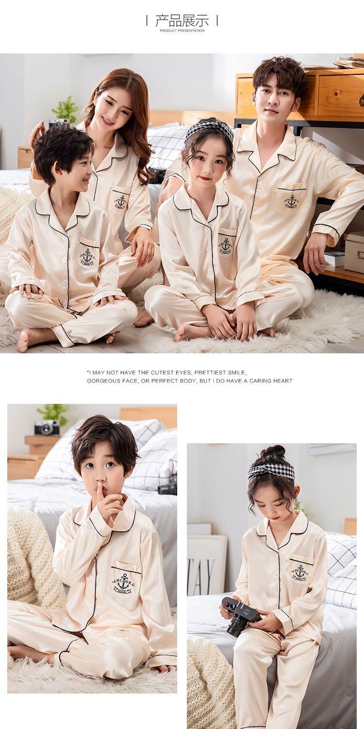 Product Introduction of Korean Style Couple Long Sleeve Parent-Child Pajamas Spring and Autumn Family Three Or Four Mother and Daughter Ice Silk Boys 'And Girls' Home Wear Suit Thin 10