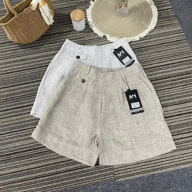 Quần Đùi Nữ Bố Linen Thoáng Mát Cạp Cao Tôn Dáng Ống Rộng Lưng Thun Co Giãn Phong Cách Hàn Quốc