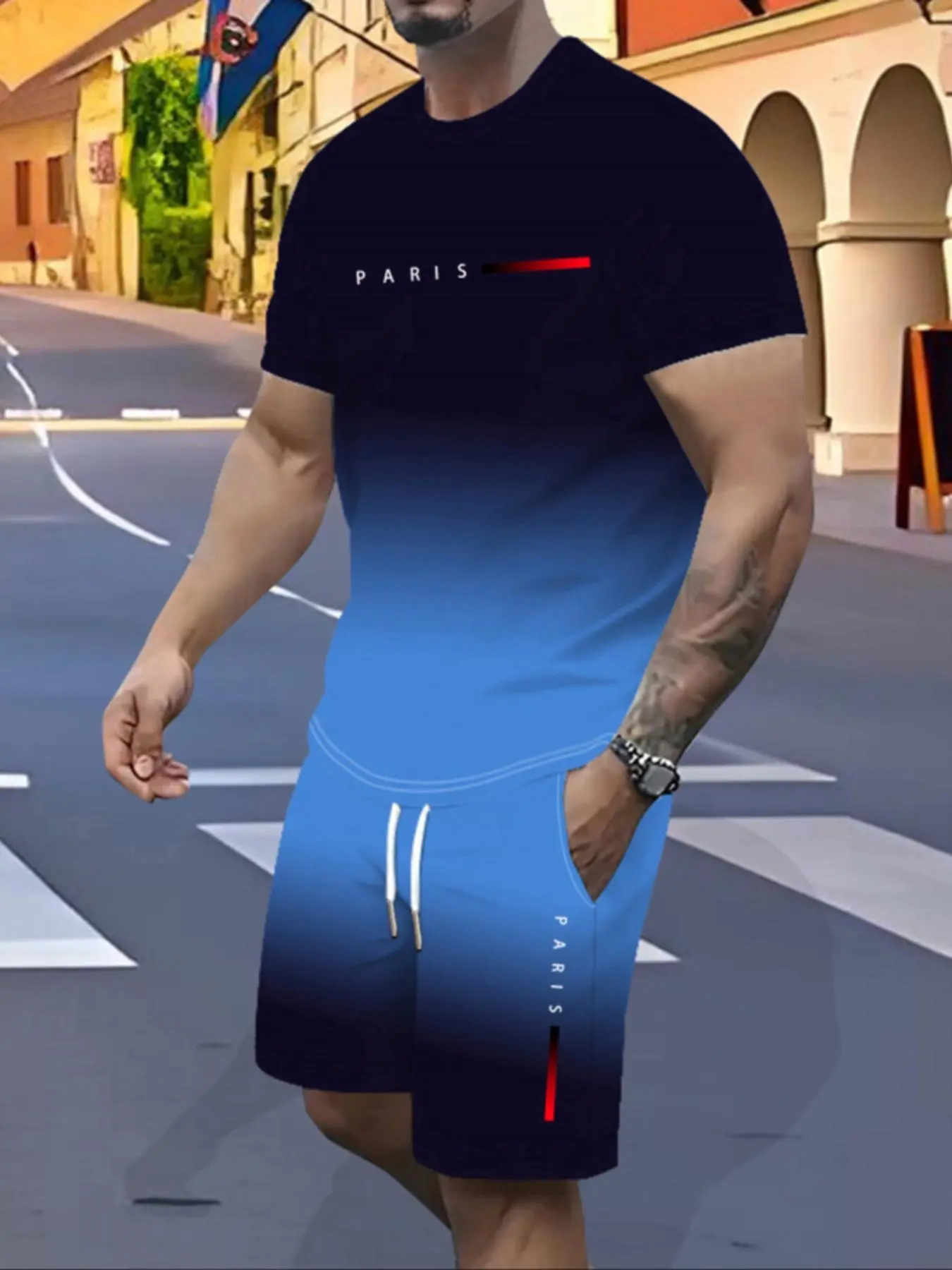 Men's Regular Fit Gradient Print Short Sleeve Tee & Shorts Two-piece Set, Casual Round Neck T-shirt & Shorts, Men's Summer Clothes for Outdoor Activities, Clothing
