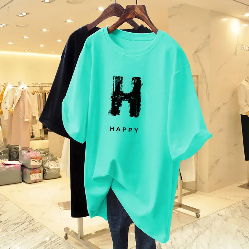 Áo Thun Xanh Klein, Dành Cho Nữ, ngắn Tay, Dài Trung Bình, Cotton Nguyên Chất, Dáng Rộng Vừa Vặn, Ngoại Cỡ, Phong Cách Châu Âu, Áo Thương Hiệu Hợp Xu Hướng Mùa Hè 2023 Hàng Mới Về 3