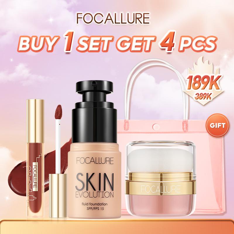 Focallure Combo 4 Món Trang Điểm Kem Nền Dạng Lỏng + Má Hồng Dạng Bột Kèm Gương + Son Nhung + Tặng Túi Xách Phù Hợp Trang Điểm Hằng Ngày Cho Mọi Loại Da