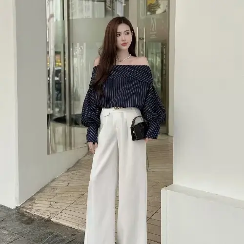 Áo sơ mi kẻ nữ trễ vai cổ bèo dài tay - đơn giản nhẹ nhàng . 2