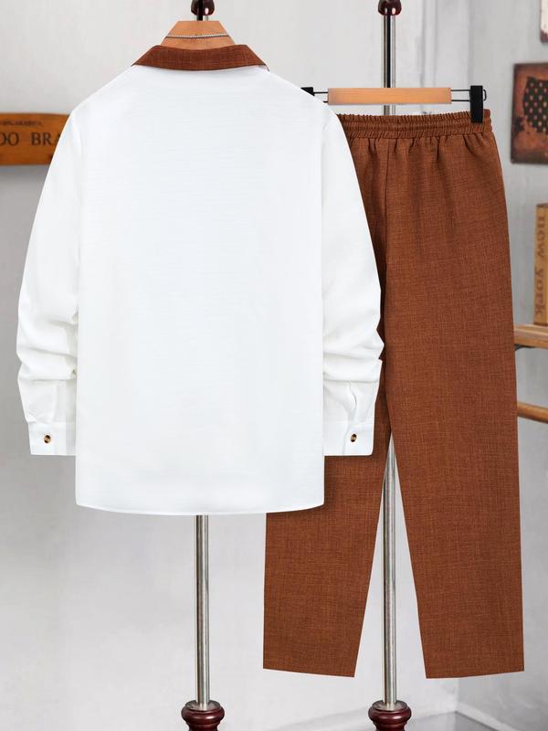 Men's Solid Button Front Longsleeves Shirt & Drawstring Waist Pants Set, Regular Fit Long Sleeve Lapel Neckline Top & Pocket Trousers, Casual Fashion Cozy Breathable Men Two-piece Outfits for Fall & Winter 7