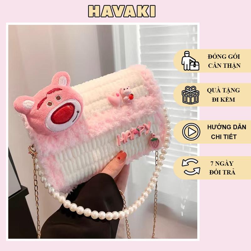 Bộ phụ kiện túi len tự đan gấu dâu, túi len DIY gấu dâu, túi len handmade tự làm - Phụ kiện đan túi HAVAKI