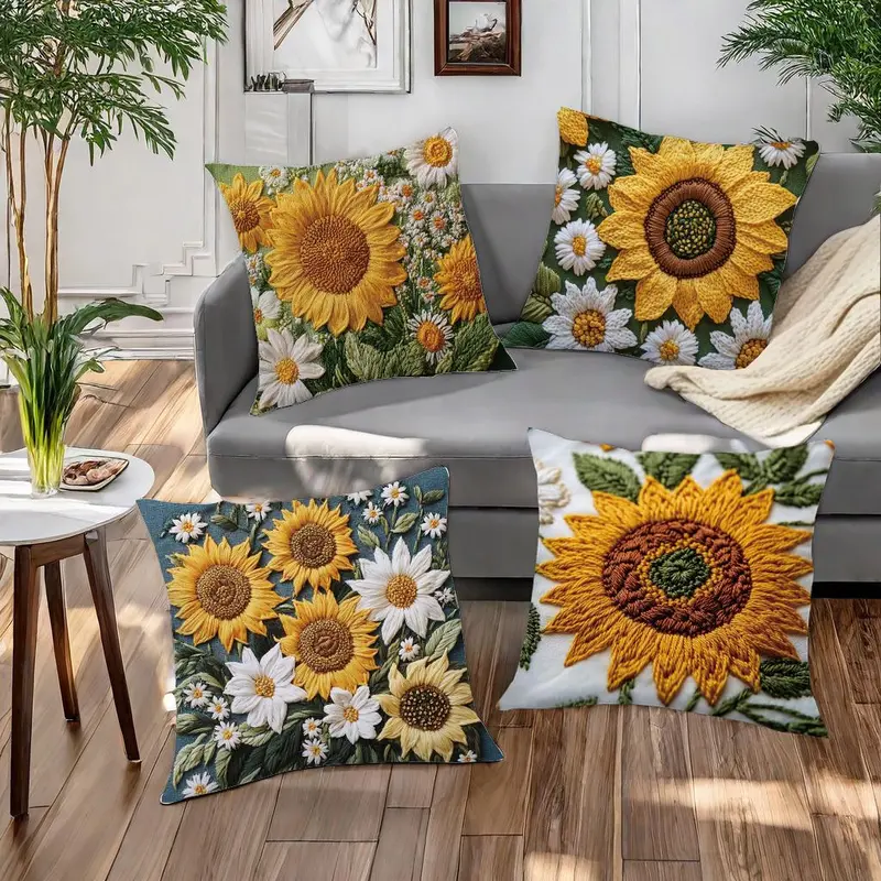 Sunflower & Daisy Pattern Cushion Cover, 4 Counts/set Floral Pattern Cushion Cover without Filler, Household Decoration Supplies for Home Living Room Bedroom 5