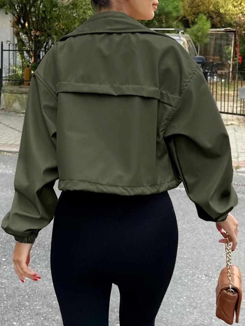 Product Introduction of Women's Solid Zip Up Crop Jacket, Casual Fashionable Pocket Lightweight Outerwear, Ladies Spring & Fall Clothes, Clothes for Women 9