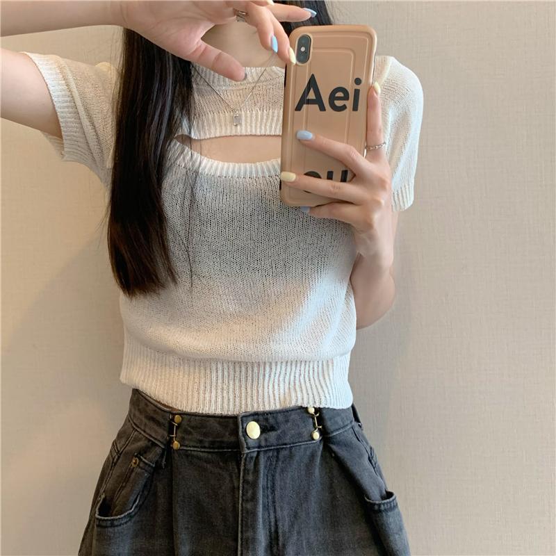 Product Introduction of Áo Len Dệt Kim Giả Hai Lớp, Thiết Kế Độc Đáo Sang Trọng Khoét Lỗ Áo Phông Ngắn Tay, Áo Ngắn Cô Gái Nóng Bỏng Mùa Hè, Phong Cách Instagram, Dành Cho Nữ, Bán Chạy Top Women Top Women 17