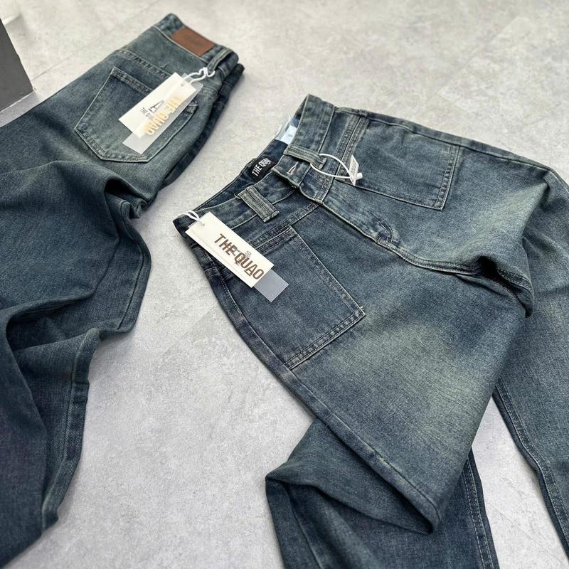THE QUẠO - Quần Jeans Nữ Lưng Cao Ống Rộng Túi Vuông Màu Xanh Đậm Bụi R2210_544