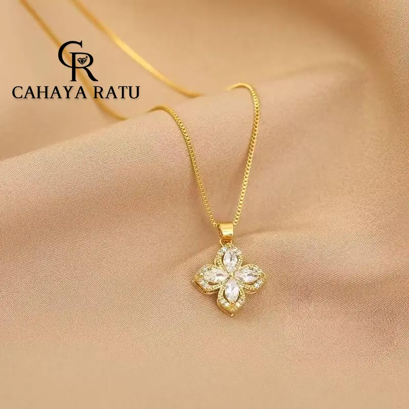 CR vòng cổ dây chuyền cỏ 4 lá nữ không gỉ cross necklace không gỉ mặt dây chuyền cánh hoa xoay sáng bóng