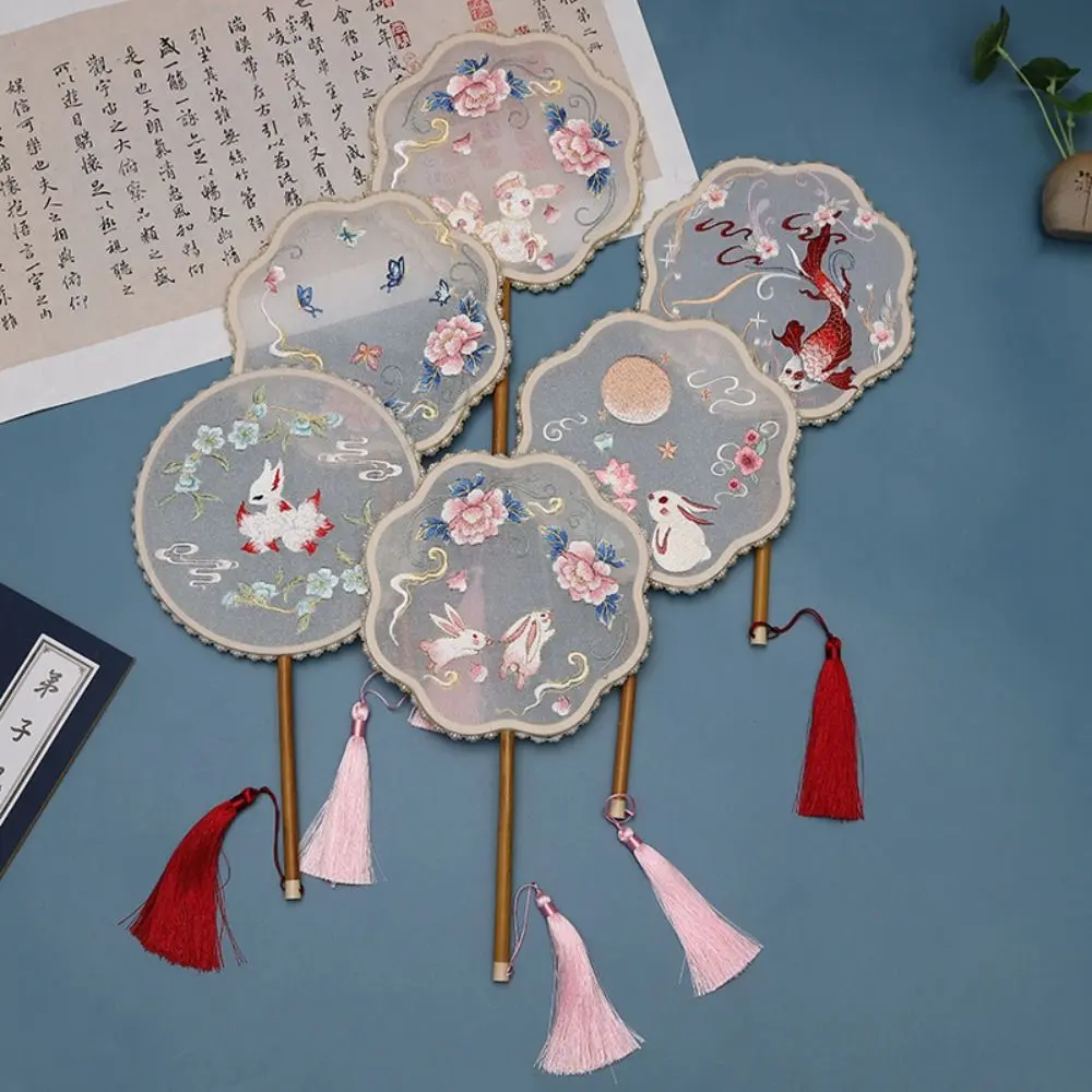 quạt tròn cổ trang Quạt tròn Cổ Điển Quạt lụa thêu, Phụ kiện khiêu vũ dự tiệc, Quạt cầm tay hai mặt, Tua rua, Thích hợp cho đám cưới