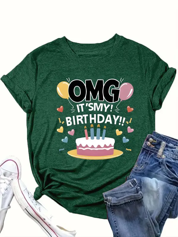 【Plus Size】 Cartoon Birthday Cake & Letter Print Round Neck Tee, Casual Short Sleeve T-shirt for Summer, Women's Clothing for Daily Wear 4