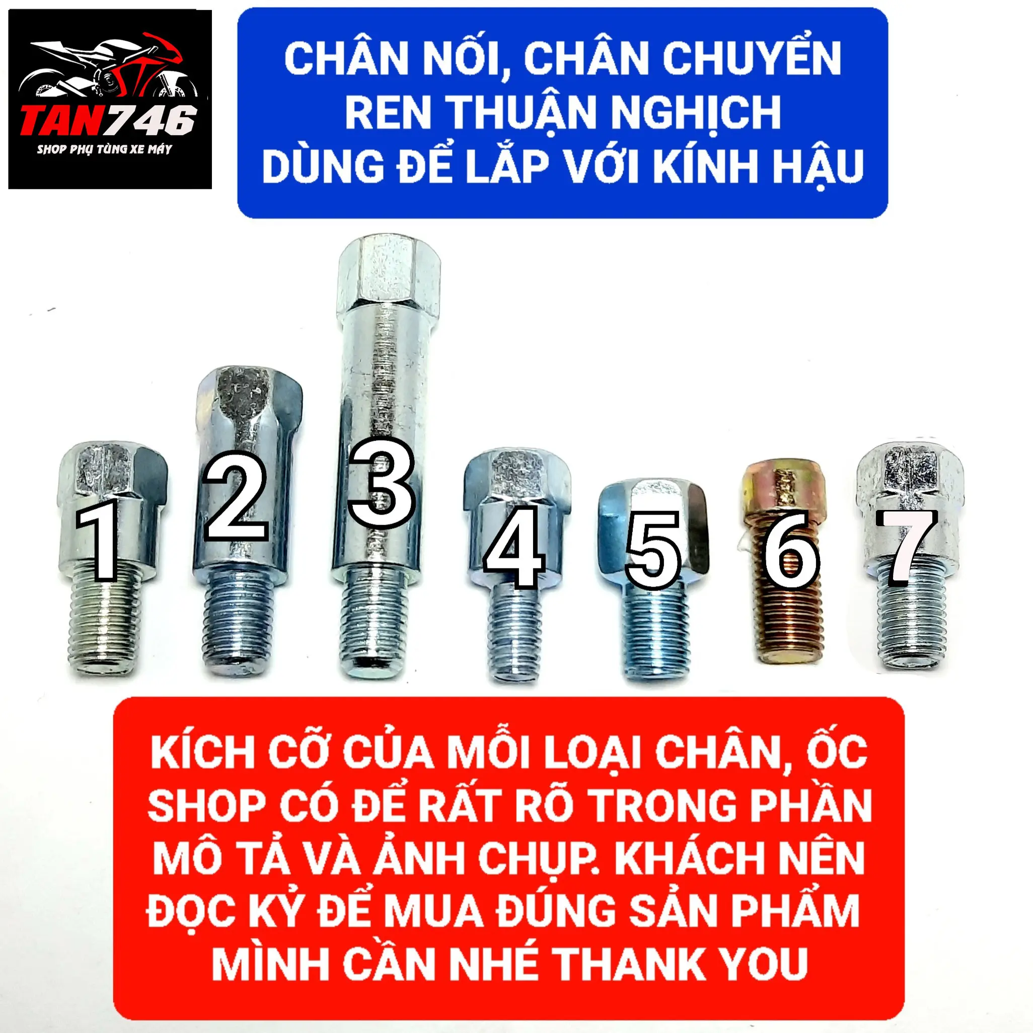 Chân nối, Chân chuyển ren, ốc dùng cho gương chiếu hậu, kính chiếu hậu, Chi tiết có trong ảnh và phần mô tả, Phụ tùng, Phụ kiện, Xe máy
