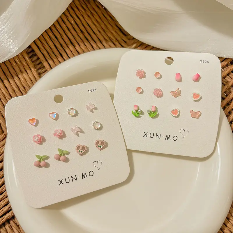 Bộ Bông Tai, 6 Món, Bạc S925, Phong Cách Nữ Tính Đơn Giản Và Ngọt Ngào, Ins Dễ Phối Đồ Bộ Đinh Tán Xương Tai Nhỏ 1