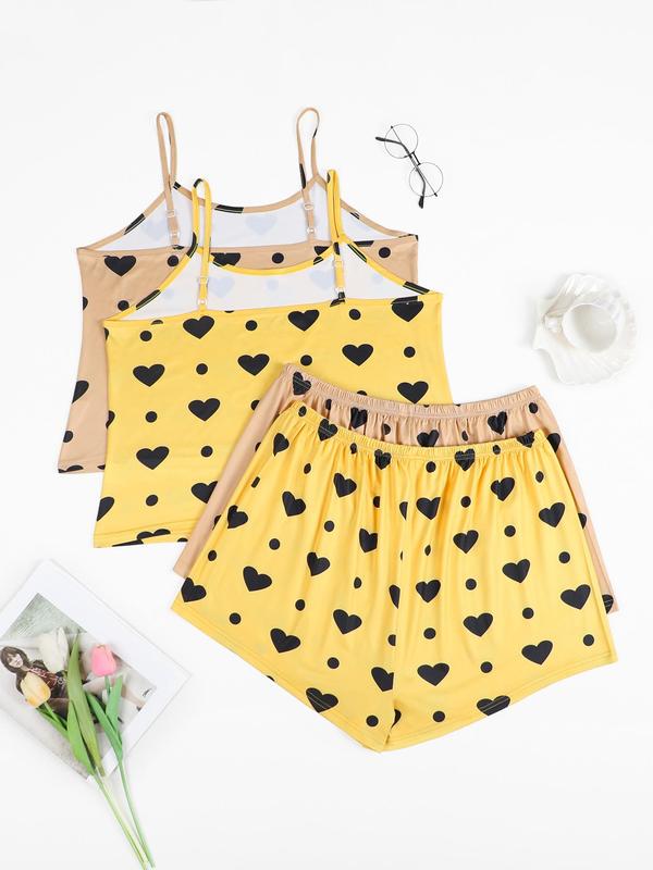 Plus Size Heart Print Cami Top & Shorts Loungewear Set, Casual Comfy Pyjama Set for Women, Women's Sleepwear for Summer 1