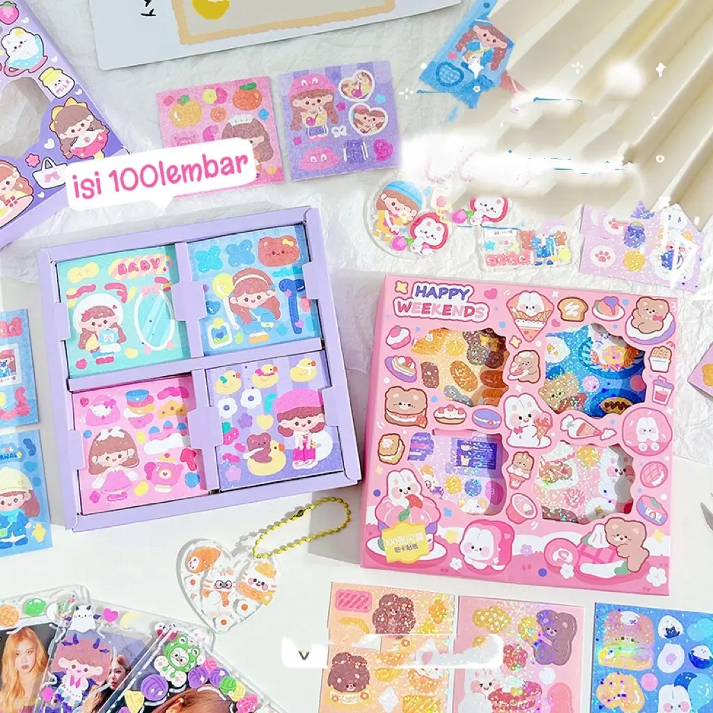 [Quiin] 100 Lembar Sticker Glossy Hologram Glitter Anak Lucu Name Card ...