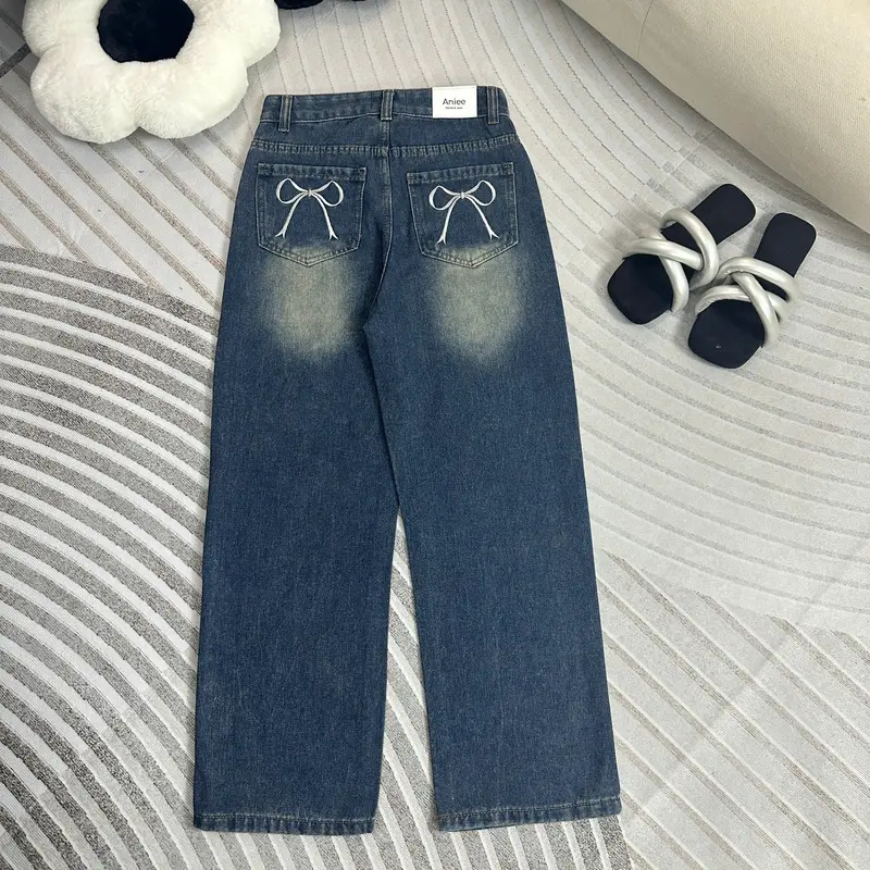 Quần jean ống rộng,quần bò nữ ống suông Aniee cạp cao thêu nơ túi vải denim màu xanh sáng dài 90-92cm dành cho nấm lùn - SUONGTHEUNO Women 7