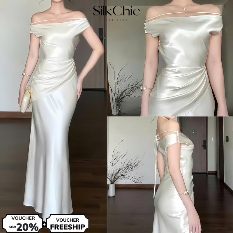 Đầm Lụa Dự Tiệc Lệch Vai Nữ SC777 Dáng Ôm Dài Khoe Đường Eo Cong Sang Chảnh
