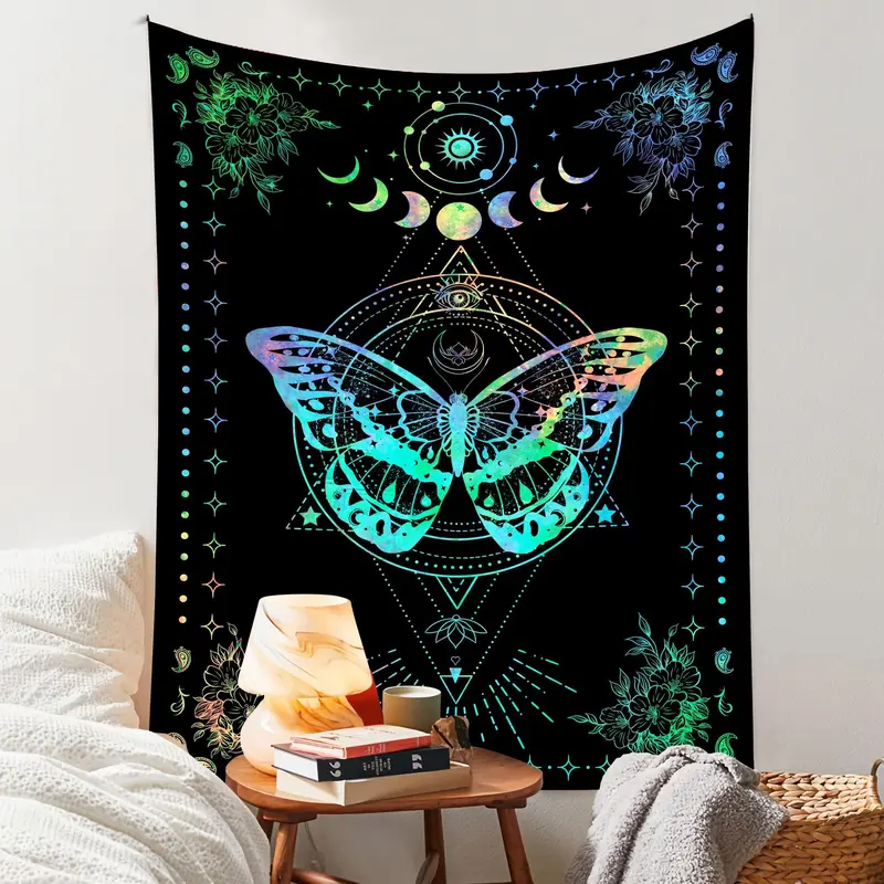 1 Count Dreamy Butterfly & Flowers Pattern Throw Blanket, Boho Moon & Butterfly Tapestry, Wall Hanging Decor for Home Bedroom Living Room 0
