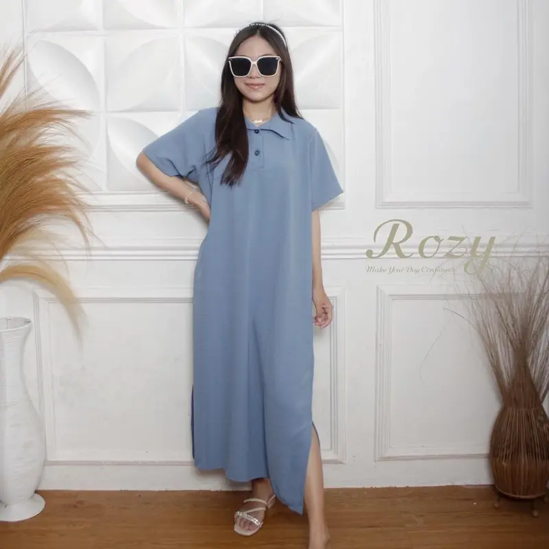 Rozy - Long Dress Button Cringkel Baju Midi Casual Panjang Wanita Gaun Hitam Simple Baju Pesta Pendek 4