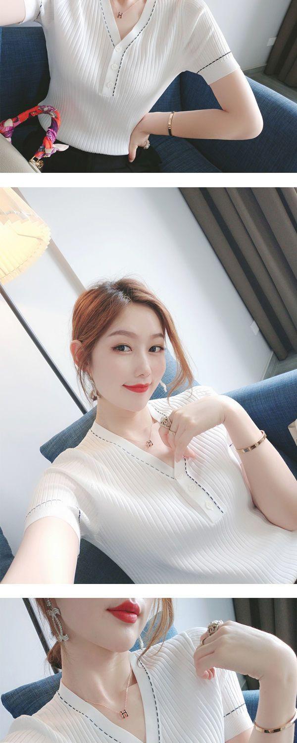 Product Introduction of Áo Thun ngắn Tay Cổ Chữ V Bằng Lụa Lạnh Dễ Phối Đồ Phong Cách Hàn Quốc Mới Mùa Hè, Dành Cho Nữ, Dáng Ôm, Bó Sát, Chắp Vá Nút, Áo Dệt Kim, Mỏng, Bó Sát 7