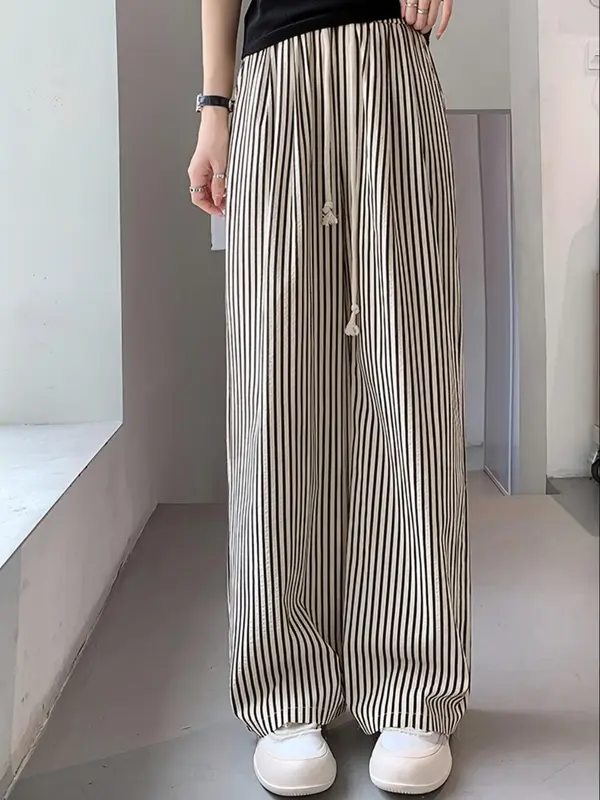 Women's Striped Print Elastic Waist Wide Leg Pants, Casual Comfy Trousers for Spring & Fall, Women's Bottoms for Daily Wear 0
