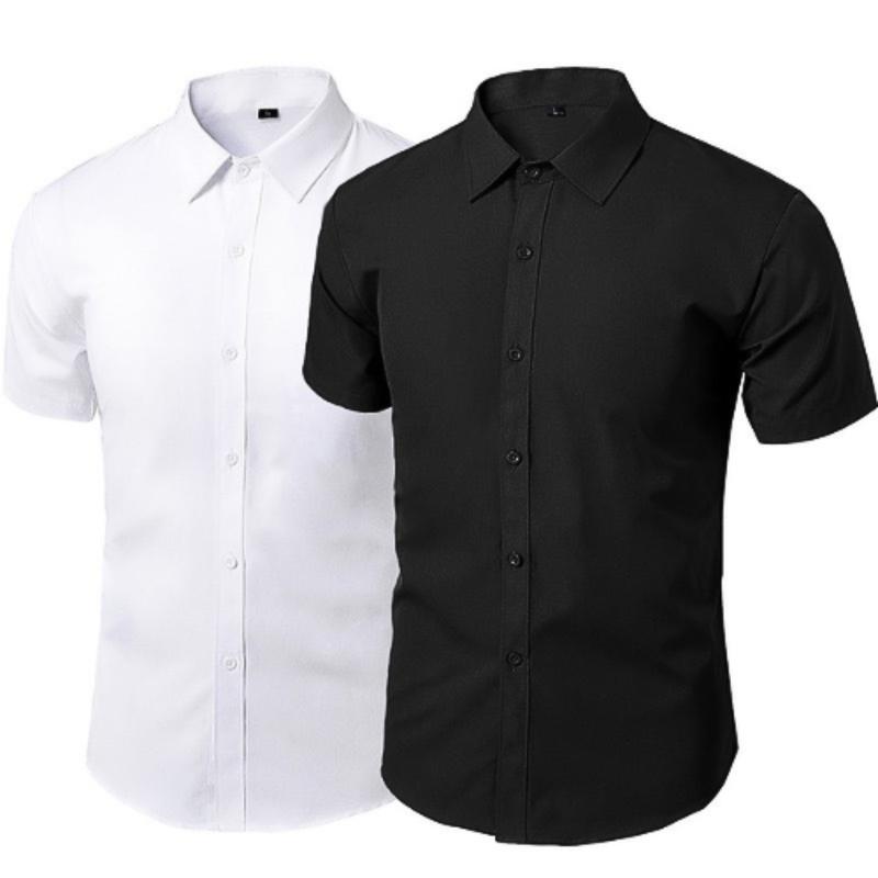 Áo sơ mi trơn Tay ngắn vải lụa chéo cao cấp Form Slimfit Co giãn thoải Mái Thoáng Mát Menswear Nam Cổ Tròn aotrang  nam có thể giặt máy 【single pack black long sleeves