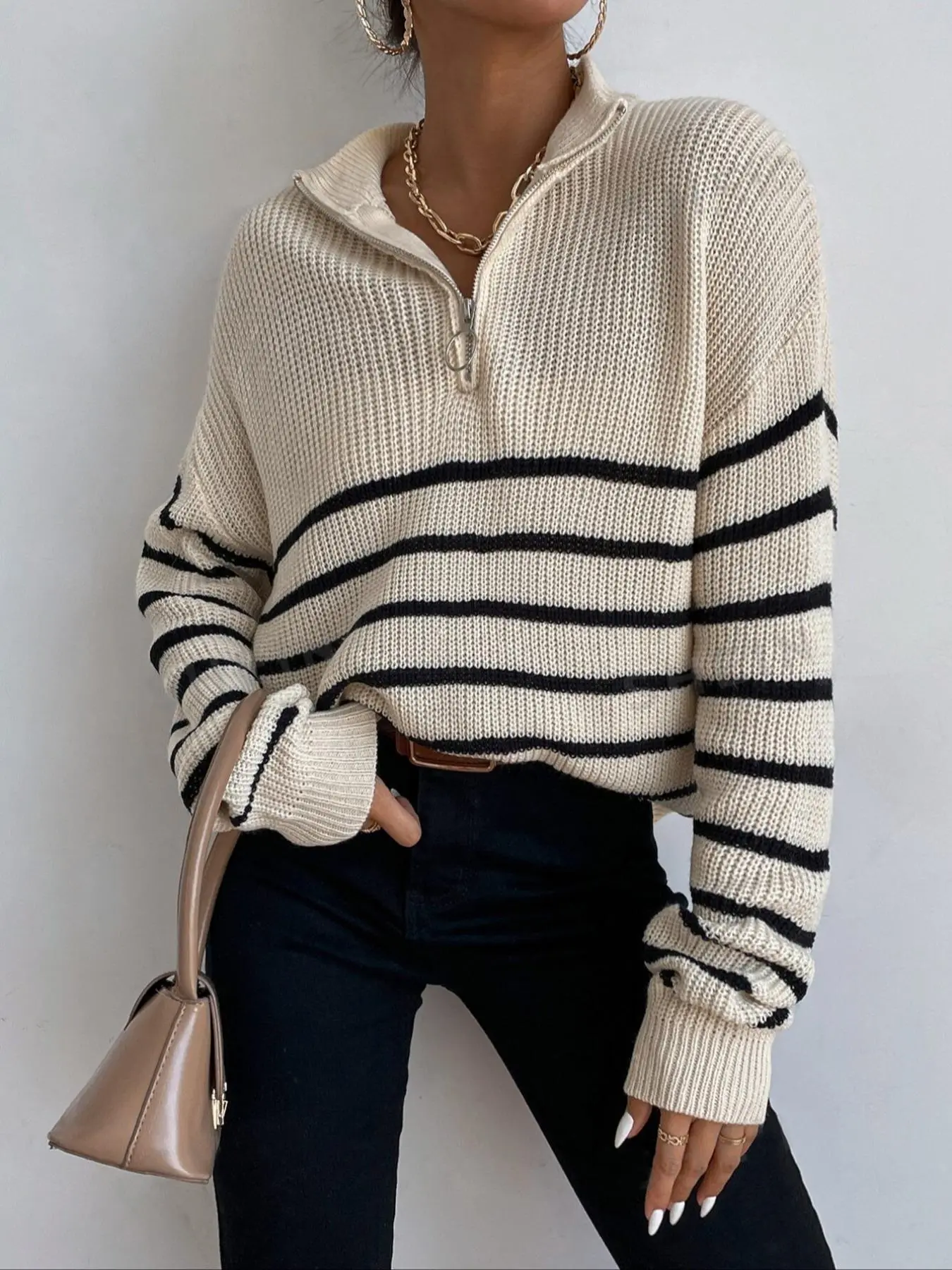 Women's Striped Print Drop Shoulder Half Zip Sweater, Casual Long Sleeve Stand Collar Jumper for Fall & Winter, Fashion Ladies' Knitwear for Daily Wear