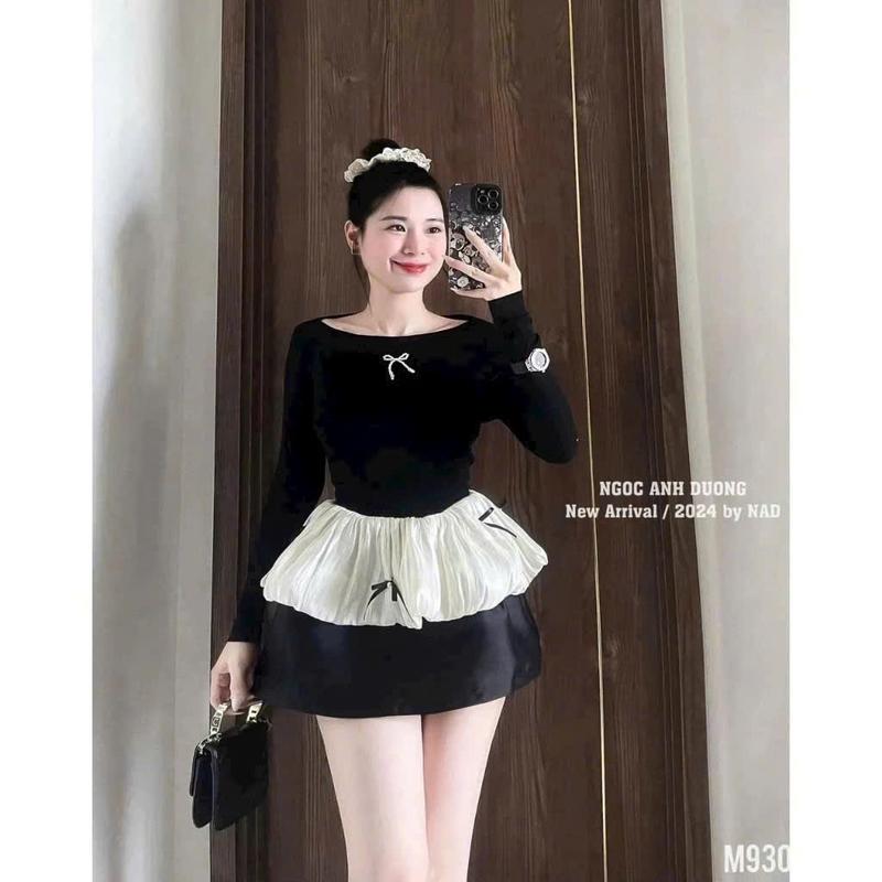 BIGSIZE HIẾU HIẾU (55-95KG) - Set thời trang nữ Áo body tay dài trễ vai phối voan bí nơ + Chân váy ngắn