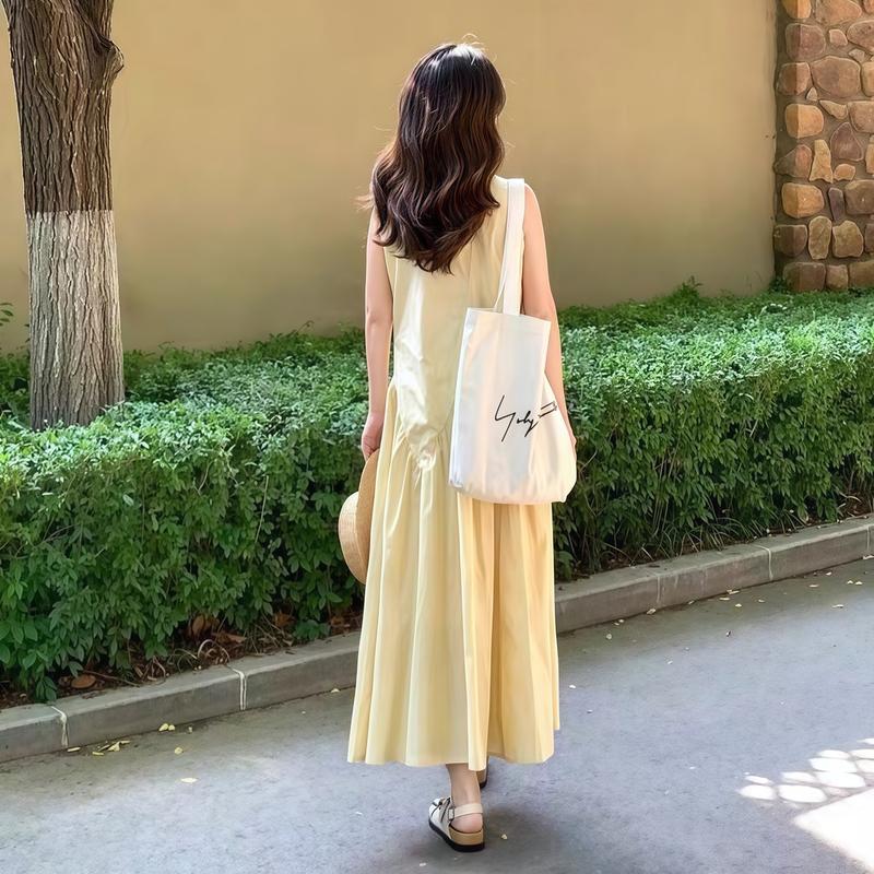 Product Introduction of Váy đi biển trễ vai Đầm bigsize nữ Váy dài Mùa hè Áo ba lỗ không tay váy liền hai dây màu vàng váy dài khí chất mùa hè cho nữ 4