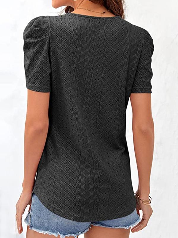 Women's Plain Eyelet Embroidery Puff Sleeve Tee, Fashion Casual Short Sleeve Square Neck T-shirt for Summer, Women's Top for Daily Wear, Womenswear 5
