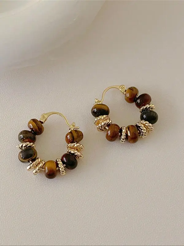 Vintage Tiger Eye Stone Decorated Hoop Earrings, Fashionable Jewelry for Women & Girls, Trendy All-match & Exquisite Jewelry for Birthday Gift 4