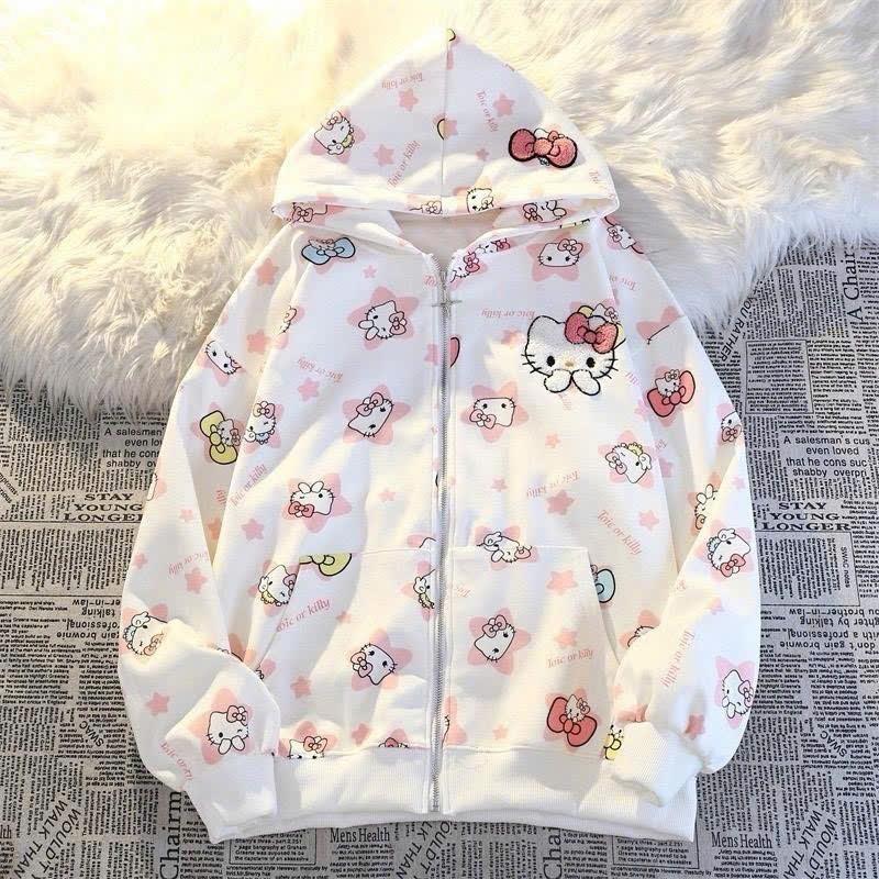 ÁO KHOÁC NỈ 3D HELLOKITTY ÁO KHOÁC HOODIE ZIP NỈ KHÓA KÉO FORM RỘNG Nữ Unisex áo khoác  cardigan hello kitty áo hoodie zip  hello kitty Women Top