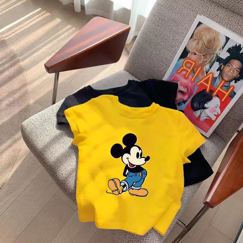 Áo Thun ngắn Tay Hoạt Hình Cho Bé Gái, Chất Liệu Cotton Nguyên Chất, Thiết Kế Chuột Mickey, Thích Hợp Cho Trẻ Em, Trẻ Mới Biết Đi, Trẻ Em Lớn Và Bé, Cổ Tròn, Áo Mùa Hè