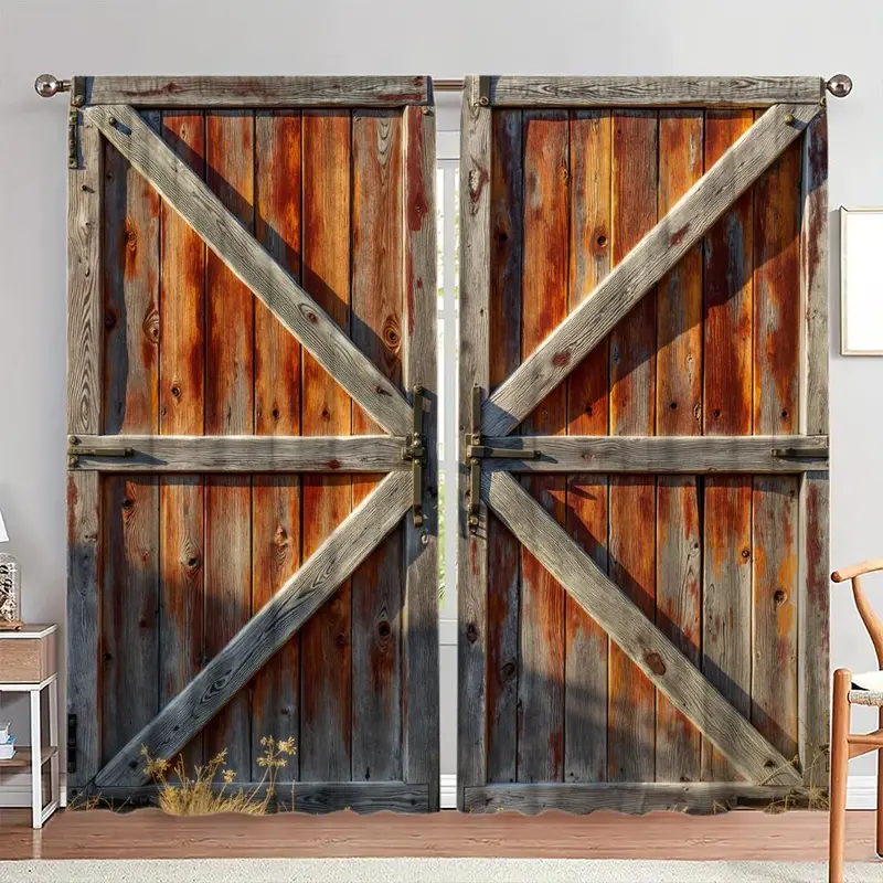 Wooden Door Pattern Printed Curtain, 1 Set Rustic Style Door Curtain with Lock, Home Decor for Living Room Bedroom, Room Divider Curtain 0