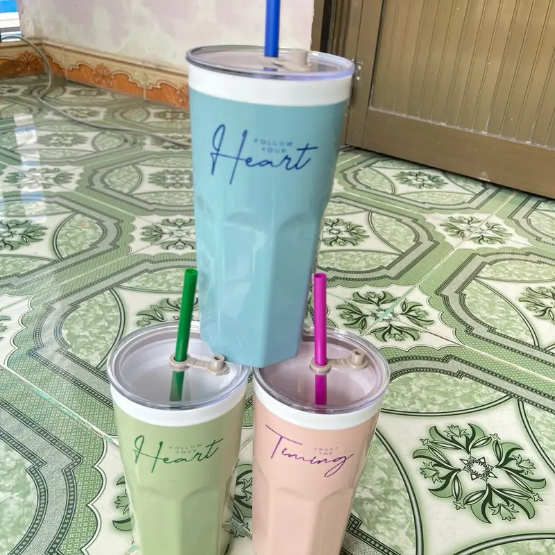 Ly giữ nhiệt 600ml Tân Lập Thành kèm ống hút và nắp đậy nhựa 2 lớp bình giữ nhiệt 7 màu cốc giữ nhiệt nam yellow gradient có tay cầm pp quả cam ca binh giunhiet 0