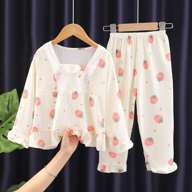 Bộ Đồ Ngủ Trẻ Em, Dài Tay, Phong Cách Công Chúa Dễ Thương, Dành Cho Bé Gái, Trẻ Em Trung Bình Và Lớn, Thích Hợp Cho Mùa Xuân Và Mùa Thu, Bộ Đồ Mặc Nhà Điều Hòa Không Khí