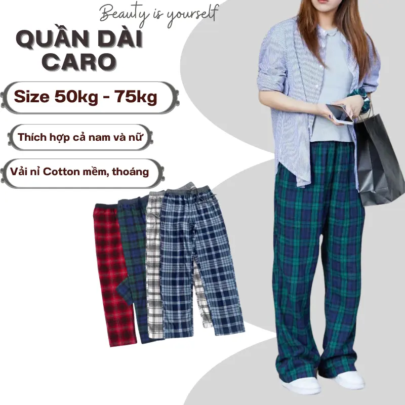 Shop39K - Quần Dài CARO Nam Nữ 4 Màu Thời Trang Nỉ Nhung Ngoại